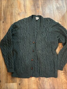 LL BEAN men’s XL green wool sweater cardigan cable knit Fisherman Vintage